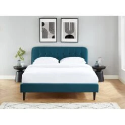 Lit Double ANDRE Velours Bleu Paon 160x200 Sommier Inclus