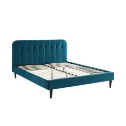 Lit Double ANDRE Velours Bleu Paon 160x200 Sommier Inclus -Mobilia Soldes andre160bup lit 160 velours sommier 160200cm velours bleu paon 3