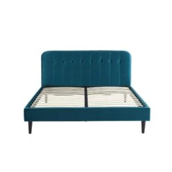 Lit Double ANDRE Velours Bleu Paon 160x200 Sommier Inclus -Mobilia Soldes andre160bup lit 160 velours sommier 160200cm velours bleu paon 4