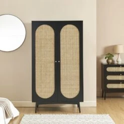 Armoire ANATOLE Noir Et Cannage Rotin