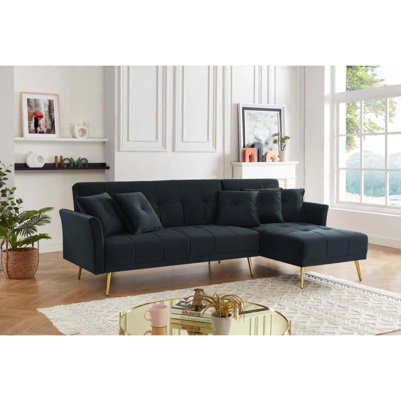 Canapé D'angle AROMA Convertible Velours Noir 5 Places 6 Canapé D'angle AROMA Convertible Velours Noir 5 Places – Image 4