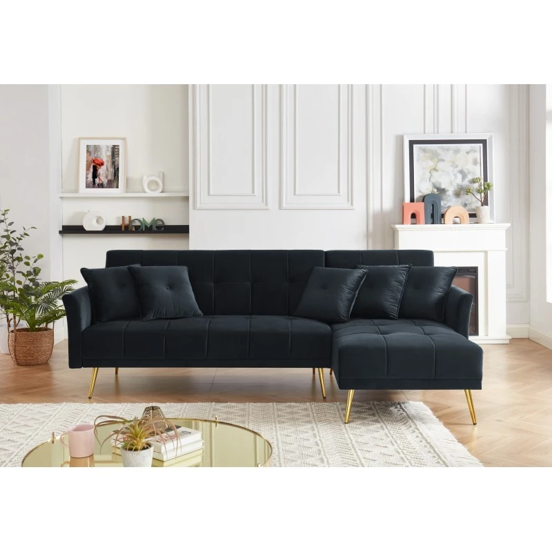 Canapé D'angle AROMA Convertible Velours Noir 5 Places 3 Canapé D'angle AROMA Convertible Velours Noir 5 Places