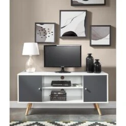 Meuble Tv BABETTE Blanc Et Gris Anthracite 116cm