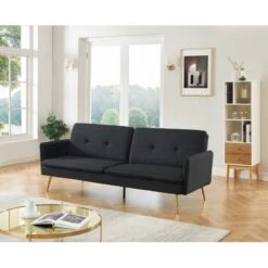 Canapé Droit ADAM Convertible Tissu Noir -Mobilia Soldes canape adam tissu noir pied en metal dore 3 pl 6