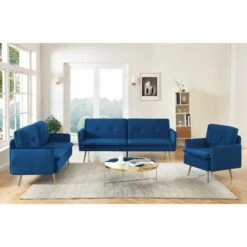 Canapé Droit ADAM Fixe Velours Bleu Marine -Mobilia Soldes canape adam velours bleu marine pied en metal dore 2 pl 6