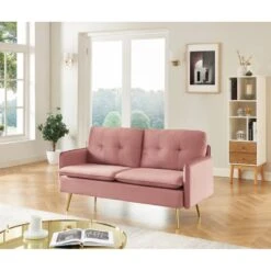 Canapé Droit ADAM Fixe Velours Rose Poudré -Mobilia Soldes canape adam velours rose poudre pied en metal dore 2 pl 5