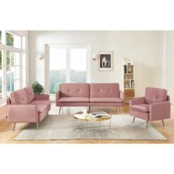 Canapé Droit ADAM Fixe Velours Rose Poudré -Mobilia Soldes canape adam velours rose poudre pied en metal dore 2 pl 6