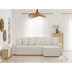 Canapé D'angle ALMA Convertible Tissu Bouclette Blanc 4 Places