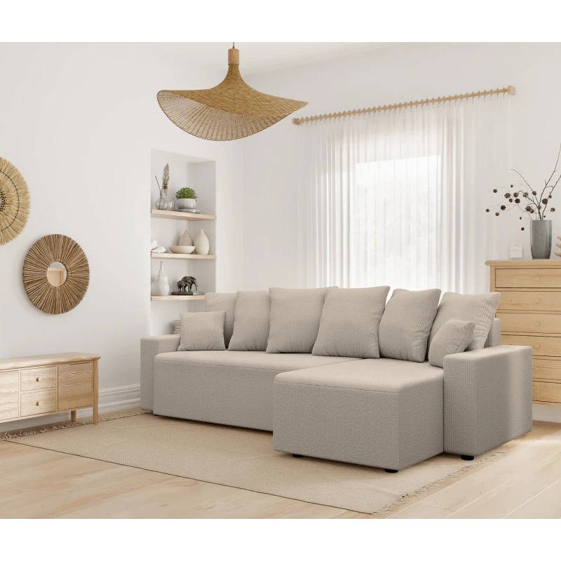 Canapé D'angle ALMA Convertible Velours Côtelé Grège 4 Places 11 Canapé D'angle ALMA Convertible Velours Côtelé Grège 4 Places – Image 9