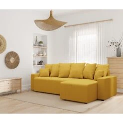 Canapé D'angle ALMA Convertible Velours Côtelé Jaune 4 Places -Mobilia Soldes canape angle alma convertible velours cotele jaune 4 places 8