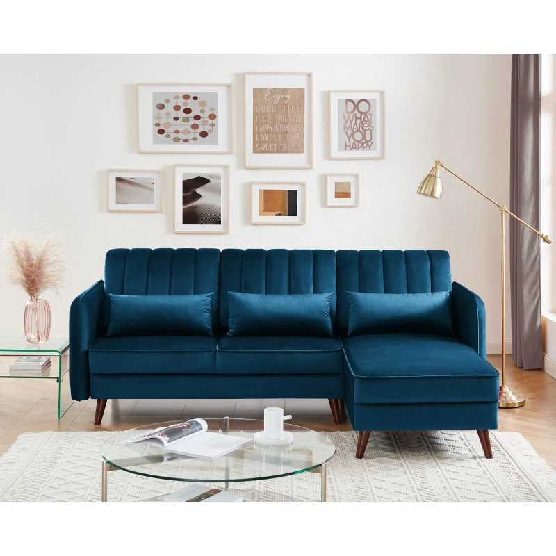 Canapé D'angle IDAHO En Velours Bleu Fixe 3 Canapé D'angle IDAHO En Velours Bleu Fixe