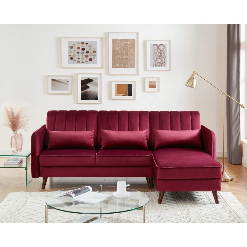Canapé D'angle IDAHO En Velours Rouge Bordeaux Fixe 3 Canapé D'angle IDAHO En Velours Rouge Bordeaux Fixe