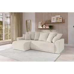 Canapé D'angle NOVA Convertible Velours Côtelé Beige 4 Places -Mobilia Soldes canape angle nova convertible velours cotele beige 4 places 7