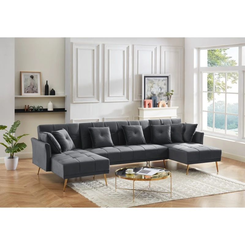 Canapé Panoramique AROMA Convertible En Velours Anthracite 6 Places 10 Canapé Panoramique AROMA Convertible En Velours Anthracite 6 Places – Image 8