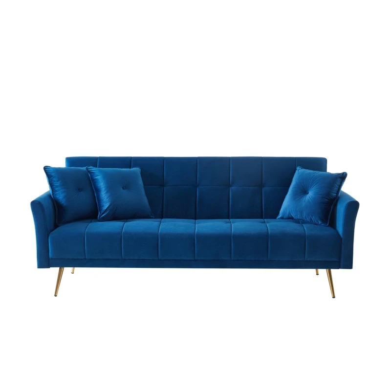 Canapé AROMA Droit Et Convertible En Velours Bleu 3 Canapé AROMA Droit Et Convertible En Velours Bleu