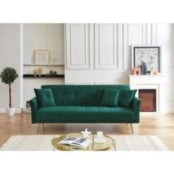 Canapé AROMA Droit Et Convertible En Velours Vert -Mobilia Soldes canape aroma velours vert droit 4