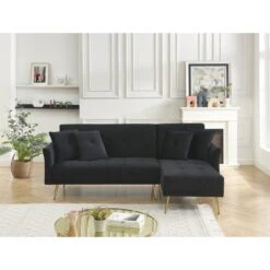 Canapé D'angle AROMA Convertible Velours Noir 4 Places