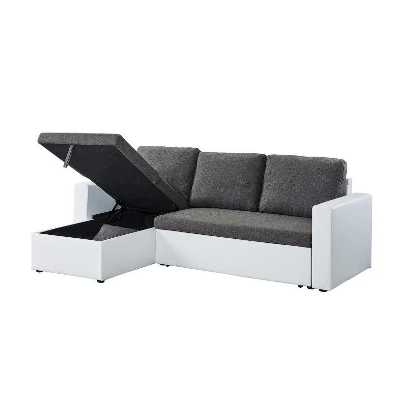 Canapé D'angle ASPEN Convertible, Réversible Et Coffre En Tissu Gris Et PU Blanc 7 Canapé D'angle ASPEN Convertible, Réversible Et Coffre En Tissu Gris Et PU Blanc – Image 5