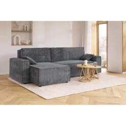 Canapé D'angle MARIUS Convertible Velours Côtelé Gris Souris -Mobilia Soldes canape d angle marius convertible velours cotele gris souris 6