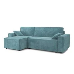 Canapé D'angle MIRA Convertible Et Réversible Velours Côtelé Bleu -Mobilia Soldes canape d angle mira convertible et reversible velours cotele bleu 4 places 2