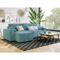 Canapé D'angle MIRA Convertible Et Réversible Velours Côtelé Bleu -Mobilia Soldes canape d angle mira convertible et reversible velours cotele bleu 4 places 5