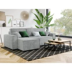 Canapé D'angle MIRA Convertible Et Réversible Velours Côtelé Gris Clair -Mobilia Soldes canape d angle mira convertible et reversible velours cotele gris clair 6