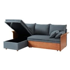 Canapé D'angle WOOD En Tissu Gris 4 Places Réversible Convertible Coffre -Mobilia Soldes canape d angle wood tissu gris 4 places reversible convertible coffr 2
