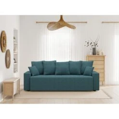 Canapé Droit ALMA Convertible Tissu Bleu Paon 3 Places