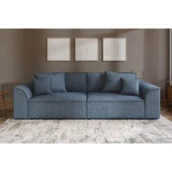 Canapé Droit MARTY Fixe Tissu Bouclette Bleu Gris 4 Places