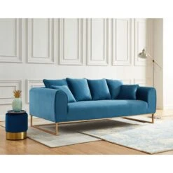 Canapé Droit VICTORIA Fixe Velours Bleu 3 Places -Mobilia Soldes canape droit victoria fixe velours bleu 5