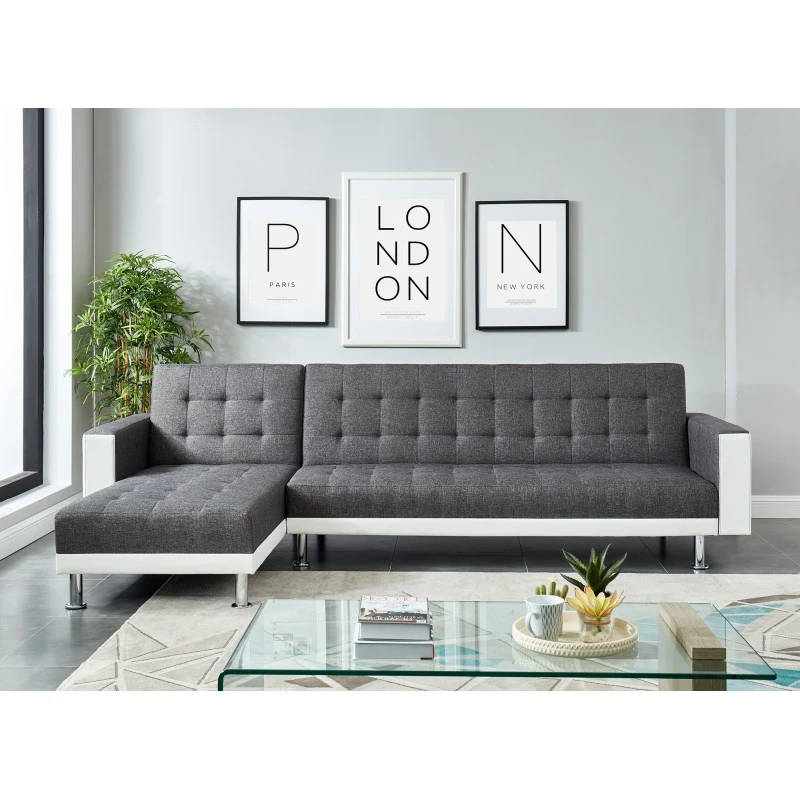 Canapé LUXURY XL Convertible Et Réversible PU Blanc Tissu Gris 3 Canapé LUXURY XL Convertible Et Réversible PU Blanc Tissu Gris