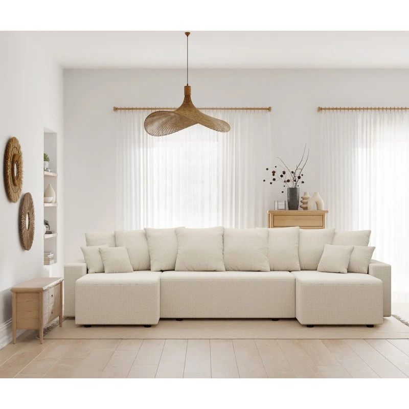 Canapé Panoramique ALMA Convertible Velours Côtelé Beige 6 Places 3 Canapé Panoramique ALMA Convertible Velours Côtelé Beige 6 Places