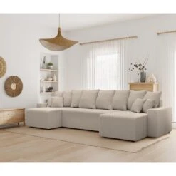 Canapé Panoramique ALMA Convertible Velours Côtelé Grège 6 Places -Mobilia Soldes canape panoramique alma convertible velours cotele grege 6 places 8