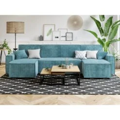 Canapé Panoramique MIRA Convertible Velours Côtelé Bleu 6 Places