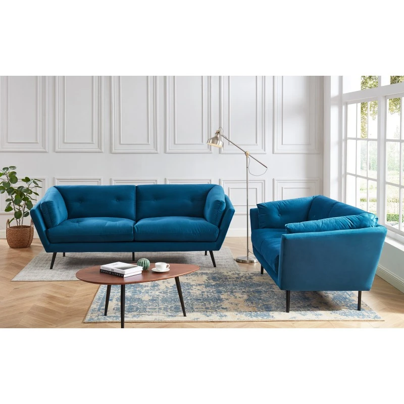 Lot De Canapés THELMA En Velours Bleu Fixe 5 Lot De Canapés THELMA En Velours Bleu Fixe – Image 3