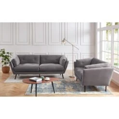 Lot De Canapés THELMA En Velours Girs Fixe -Mobilia Soldes canape thelma 32 velours gris lot canapes 3places 2places 2