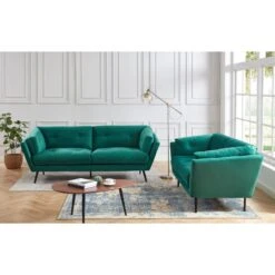 Lot De Canapés THELMA En Velous Vert Fixe -Mobilia Soldes canape thelma 32 velours vert lot canapes 3places 2places 2