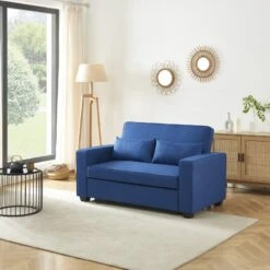 Canapé Droit LENA Convertible Tissu Bleu 2 Places