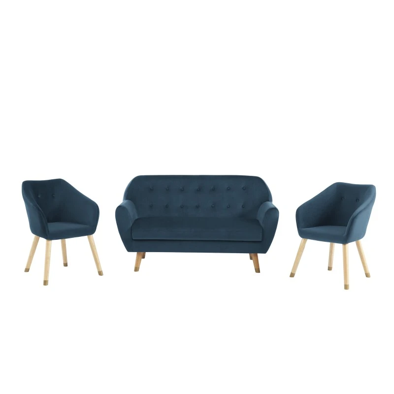 Ensemble HILDA En Velours Bleu Avec Piètement Bois Et Doré 1 Canapé Et 2 Fauteuils 4 Ensemble HILDA En Velours Bleu Avec Piètement Bois Et Doré 1 Canapé Et 2 Fauteuils – Image 2