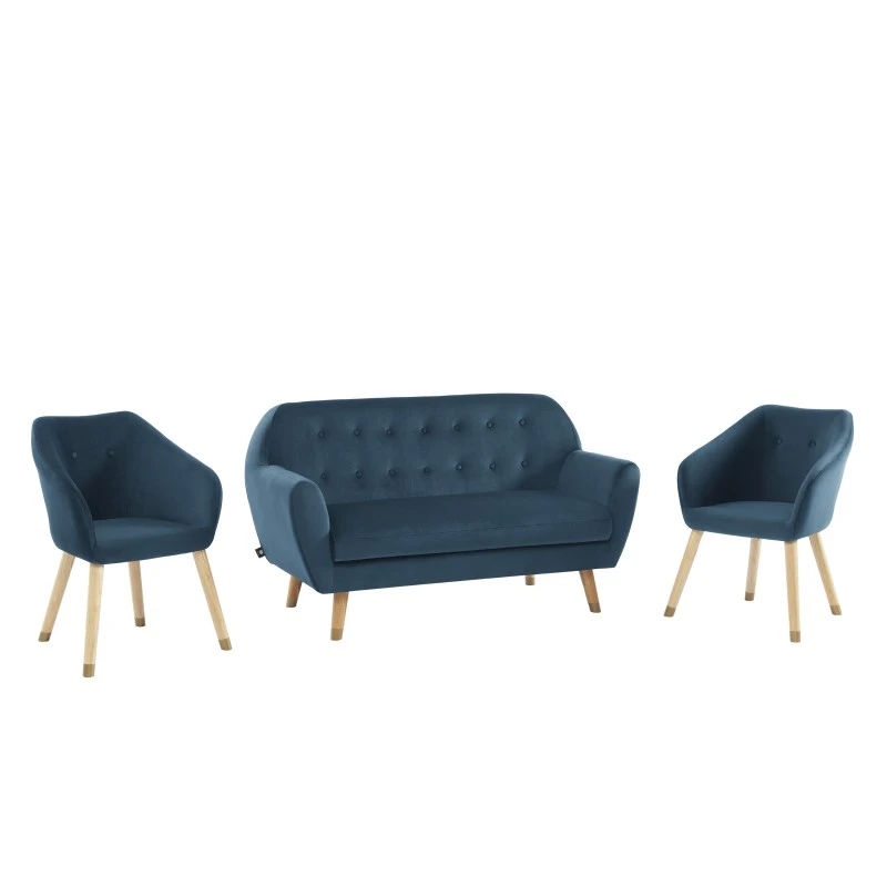 Ensemble HILDA En Velours Bleu Avec Piètement Bois Et Doré 1 Canapé Et 2 Fauteuils 5 Ensemble HILDA En Velours Bleu Avec Piètement Bois Et Doré 1 Canapé Et 2 Fauteuils – Image 3