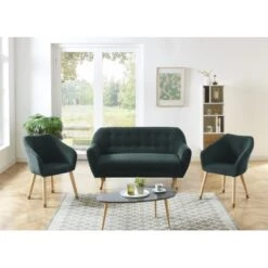 Ensemble HILDA En Velours Côtelé Vert Avec Piètement Bois Et Doré 1 Canapé Et 2 Fauteuils
