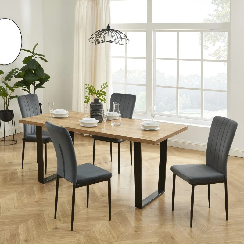 Ensemble Repas FELIX Effet Chêne Et Velours Gris 4 Chaises 3 Ensemble Repas FELIX Effet Chêne Et Velours Gris 4 Chaises
