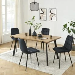 Ensemble Repas FELIX Effet Chêne Et Velours Noir 4 Chaises
