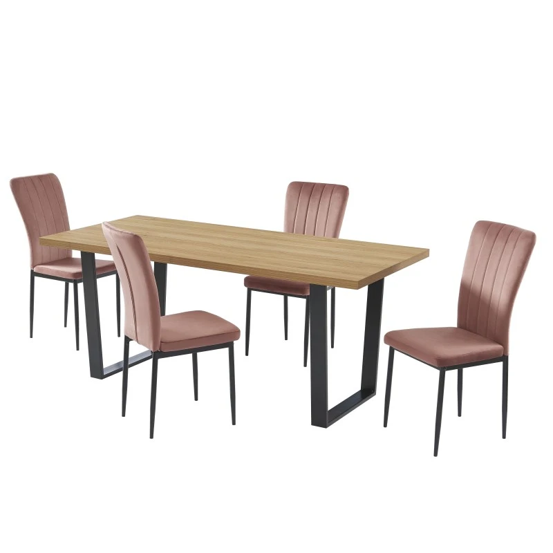 Ensemble Repas FELIX Effet Chêne Et Velours Rose 4 Chaises 8 Ensemble Repas FELIX Effet Chêne Et Velours Rose 4 Chaises – Image 6