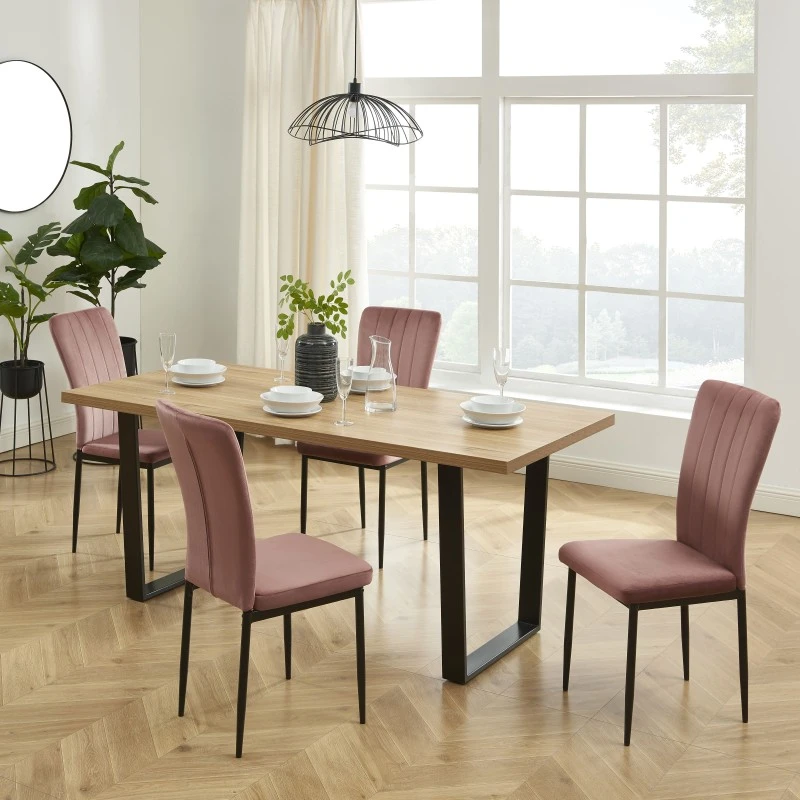 Ensemble Repas FELIX Effet Chêne Et Velours Rose 4 Chaises 3 Ensemble Repas FELIX Effet Chêne Et Velours Rose 4 Chaises