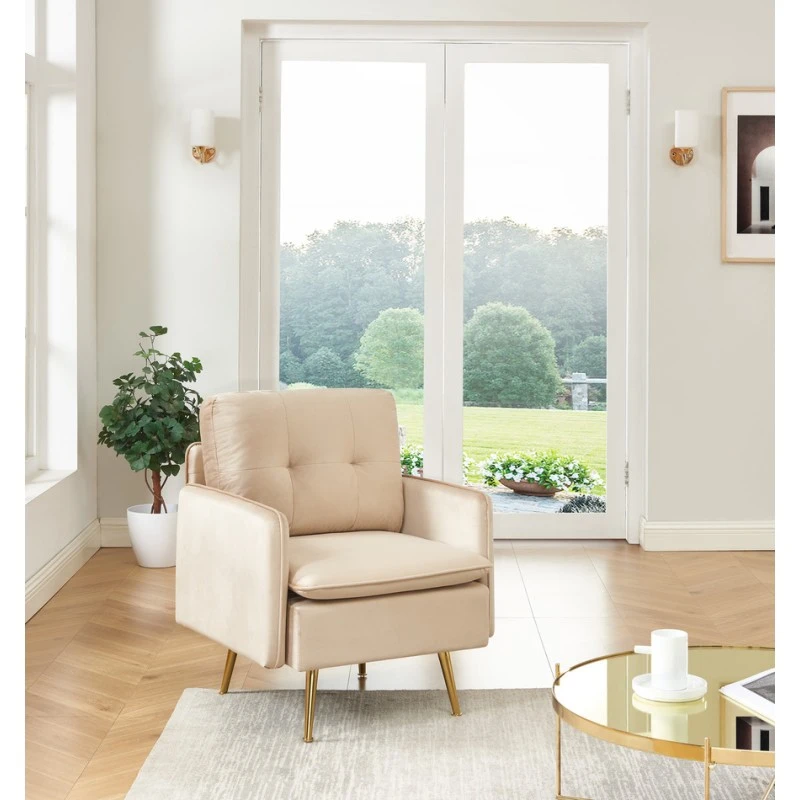 Fauteuil ADAM Velours Beige Avec Piètement En Métal Doré 3 Fauteuil ADAM Velours Beige Avec Piètement En Métal Doré