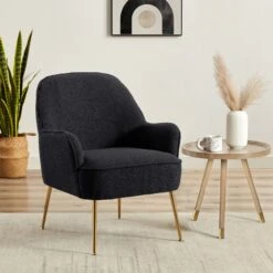Mobilia Soldes 6 Fauteuil MARCELINO En Tissu Bouclette Anthracite Avec Piètement Doré