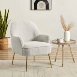 Mobilia Soldes 10 Fauteuil MARCELINO En Tissu Bouclette Blanc Avec Piètement Doré
