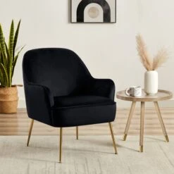 Fauteuil MARCELINO En Velours Noir Avec Piètement Doré