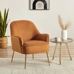 Fauteuil MARCELINO En Velours Rouille Avec Piètement Doré